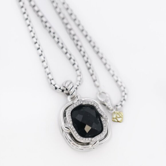 David Yurman 925 Silver Labyrinth Onyx and Diamond Pendant Necklace - Picture 2 of 6